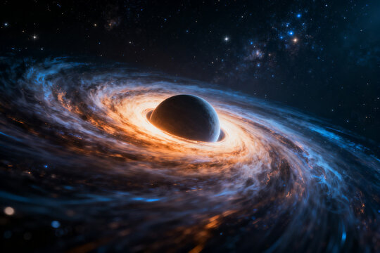 Artistic depiction of a black hole with swirling accretion disk in deep space
