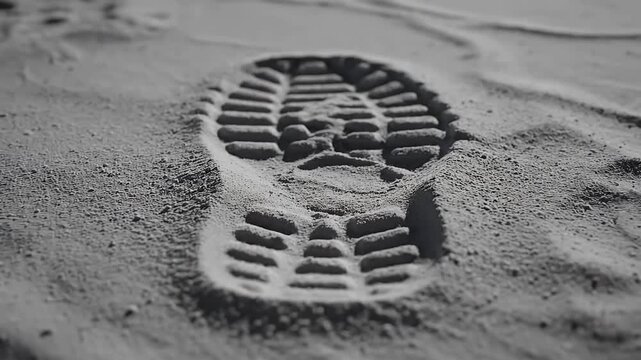 A solitary boot print impressed into the fine sand, a powerful monochrome image symbolizing a single step on a long journey