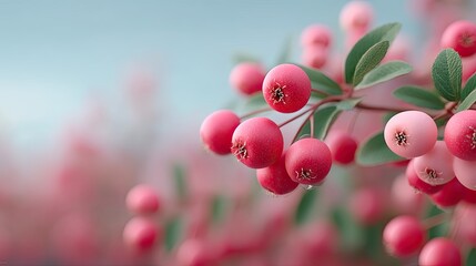 Obraz premium Close Up of Red Berries on Branch with Dew Drops Against Soft Sky Background in a Cinematic Orchard Landscape