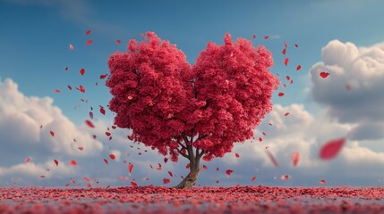 Vivid heart-shaped tree surrounded by falling petals in a serene landscape under a blue sky