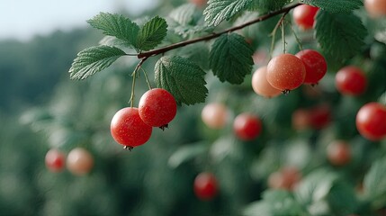Fototapeta premium Close Up of Red Fruits on a Branch with Green Leaves in a Rural Orchard with Cinematic Lighting and Soft Focus Background