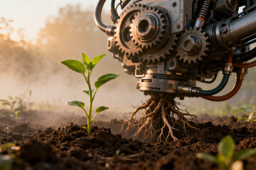Mechanical device with roots growing into soil beside a young plant in a natural setting