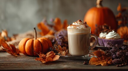 Warm pumpkin spice latte surrounded by autumn leaves and seasonal decor in a cozy setting