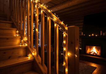 Elegant Staircase with Christmas Fairy Lights and Ornate Iron Railing in Historic Building
