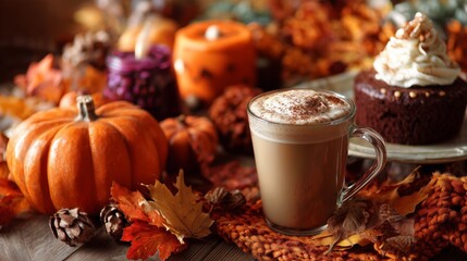 Warm coffee with dessert and autumn decorations at a cozy cafe during fall