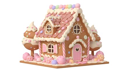 Whimsical Pink Gingerbread House with Candy Decorations, Dreamy Holiday Bakery Art