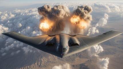 Military aircraft executes precision strike over rocky landscape during sunset