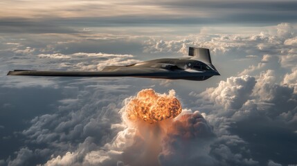 Stealth bomber in flight over clouds, releasing a massive explosion in the sky during a military operation