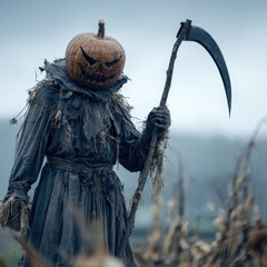 Pumpkin-headed scarecrow figure menacingly wields a scythe in a barren field, epitomizing autumnal horror and Halloween fright.