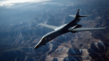 Military aircraft flying over rugged mountain terrain during daylight in a clear sky