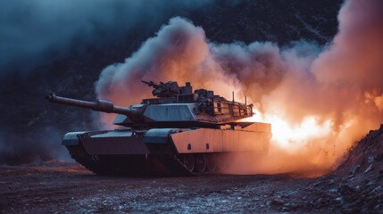Armored tank navigating through smoke and fire during military exercise at dusk in rugged terrain