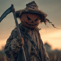 Eerie scarecrow figure with a carved pumpkin head holding a scythe, standing ominously in a field. Costume and prop details convey a spooky vibe.