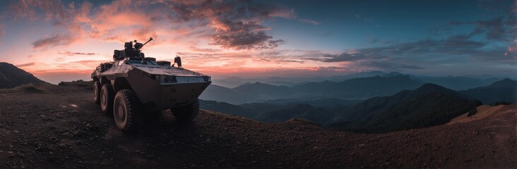Military vehicle parked on a mountainous terrain at sunset with a colorful sky and distant hills