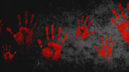 Red handprints against a dark textured background create an unsettling visual impression of struggle or urgency