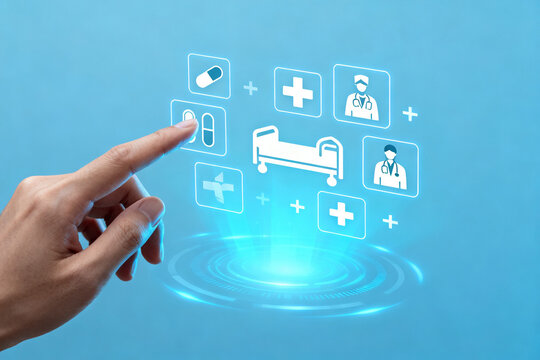 Hand interacting with a digital healthcare interface displaying medical icons on a blue background