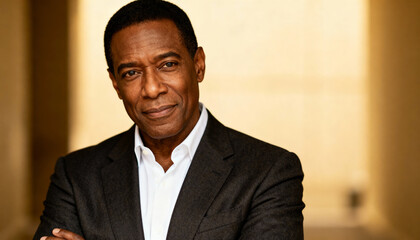 Confident mature African American businessman in a suit looks at the camera. Professional corporate headshot portrait of a successful senior black male leader with a friendly smile.