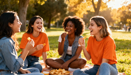 Multicultural female friends having a good time at a picnic. Diverse group of happy young women laughing, eating chips and bonding together outdoors in a park on a sunny day.