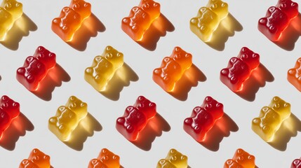 Colorful gummy bears displayed in a neat grid showing vibrant hues and playful shapes