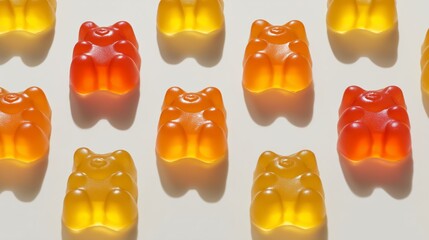 Colorful gummy bears arranged in a neat pattern on a light surface during a bright afternoon