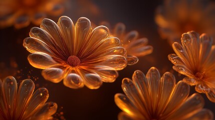 Beautiful orange flowers in a close-up view with a soft glowing effect during sunset hours