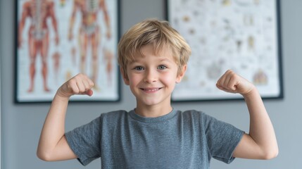 Young boy showing strength and confidence in a science-themed room with anatomy posters in the background