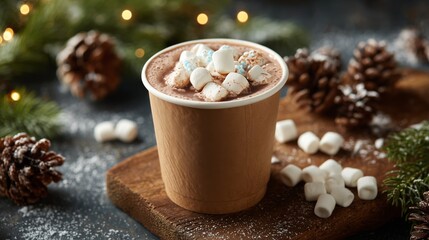 Warm hot chocolate with marshmallows served in a paper cup with holiday decorations in the background