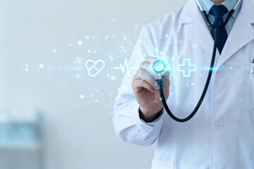 Doctor holding stethoscope with digital health symbols and glowing interface