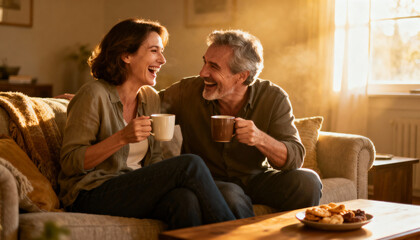 Happy mature couple enjoying coffee, laughing together on a cozy sofa at home. Senior man and woman in love, sharing a joyful moment. Concept of retirement and relationship.