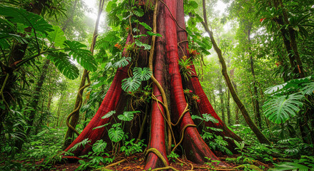 Giant Red-Barked Tropical Tree Base in a Lush, Steamy Jungle
A stunning, low-angle view showcasing the massive, buttressed base of a towering tropical tree with uniquely vibrant red bark
