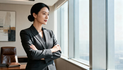 Confident successful Asian businesswoman in a suit in a modern office looks out the window. Female executive thinking about the future. Leadership, career, corporate vision.