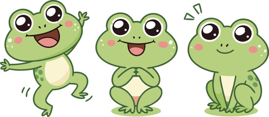 Fototapeta premium Three Cute Cartoon Frogs Showcase Joy Contemplation And Eagerness With