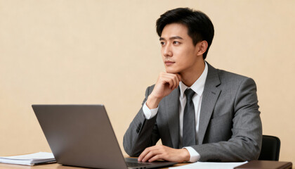 Pensive young Asian businessman thinking at office desk with laptop. Successful thoughtful entrepreneur planning strategy. Contemplating future. Corporate employee at work.