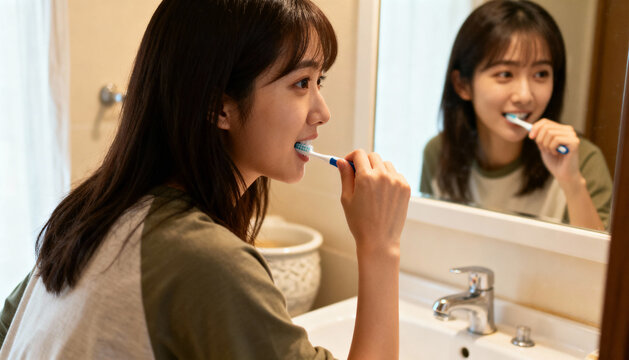 Young Asian woman brushing teeth with a toothbrush in the bathroom. Morning routine, oral hygiene, and dental care. Healthy lifestyle and self-care concept for fresh breath and clean teeth.
