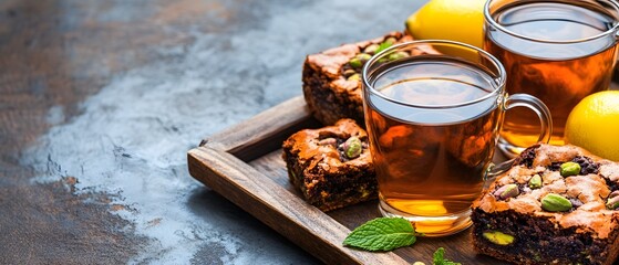 Delicious Pistachio Brownies and Tea on Wooden Tray