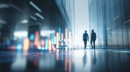 Silhouetted Businessmen Walking in Modern Building with Financial Charts