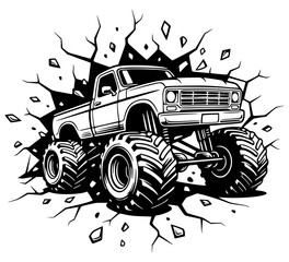 Vintage monster truck breaking through a wall, truck, monster, off-road, vehicle, breaking © VisuaLabArt
