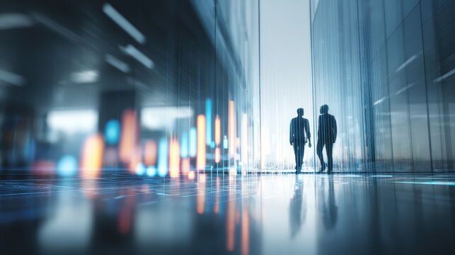 Silhouetted Businessmen Walking in Modern Building with Financial Charts