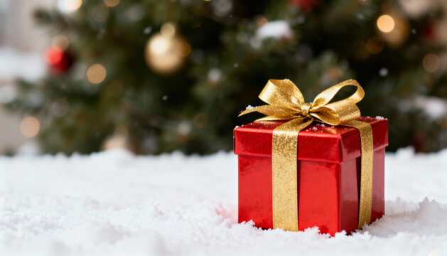 Festive red gift box with shimmering gold ribbon on pristine snow, Christmas holiday present decoration near decorated tree with bokeh lights and snowflakes