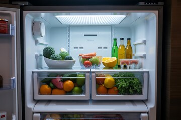 Healthy and fresh food beautifully organized inside a modern refrigerator, promoting wellness and conscious eating habits, appealing to health-conscious consumers