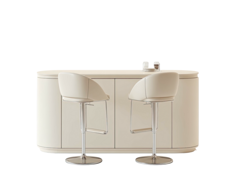Beige bar counter with stools.  Modern minimalist design