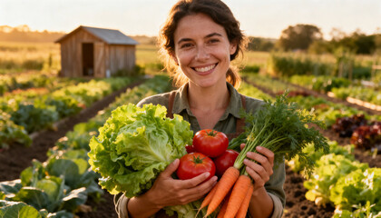 Fototapeta premium Portrait of a beautiful smiling organic farmer holding freshly picked vegetables. Woman with a harvest of carrots and tomatoes at sunset. Healthy food and agriculture concept.