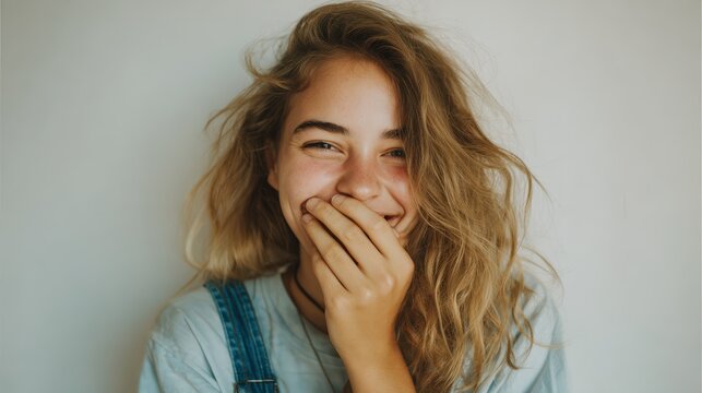 Smiling Girl Covering Mouth on White Background - Youthful Joy
