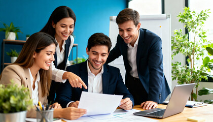 Happy diverse business team colleagues working together in a modern office. Group of professionals discussing project, analyzing documents. Concept of teamwork, collaboration, success.