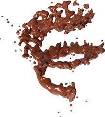 Realistic liquid chocolate splash isolated clipart, creamy richness, brown splashing jet with droplets mid-air 3d render