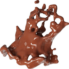 Realistic liquid chocolate splash isolated clipart, creamy richness, brown splashing jet with droplets mid-air 3d render