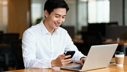 Happy young Asian businessman in white shirt working on laptop and smartphone in modern office. Smiling corporate professional male employee checking phone. Business technology.