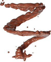 Realistic liquid chocolate splash isolated clipart, creamy richness, brown splashing jet with droplets mid-air 3d render