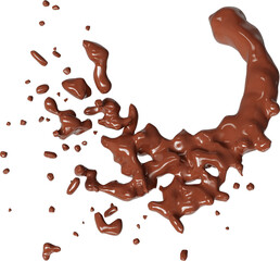 Realistic liquid chocolate splash isolated clipart, creamy richness, brown splashing jet with droplets mid-air 3d render