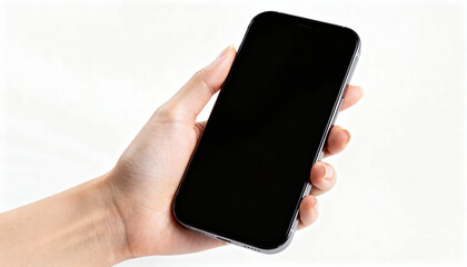 Close-up of woman hand holding and using modern smartphone isolated on white background, technology device for communication and social connection concept