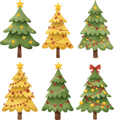 Fototapeta premium Collection of six decorated christmas trees with star toppers and festive lights